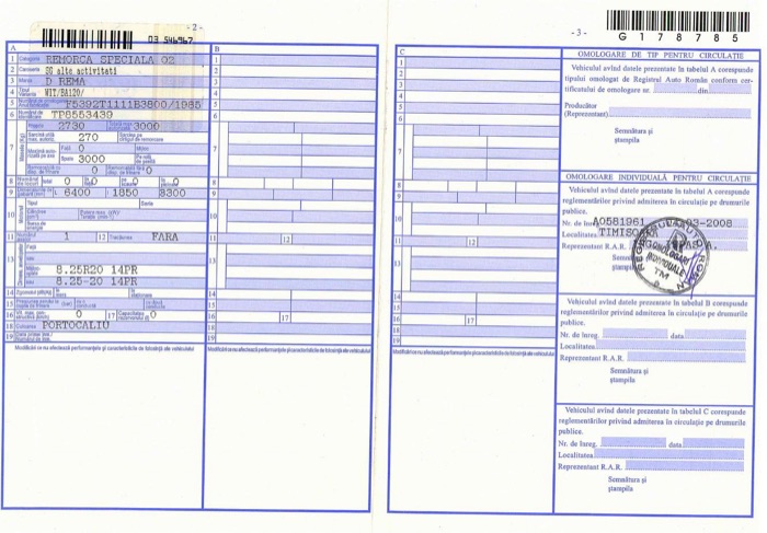 Exemplu de carte de identitate a vehiculului
